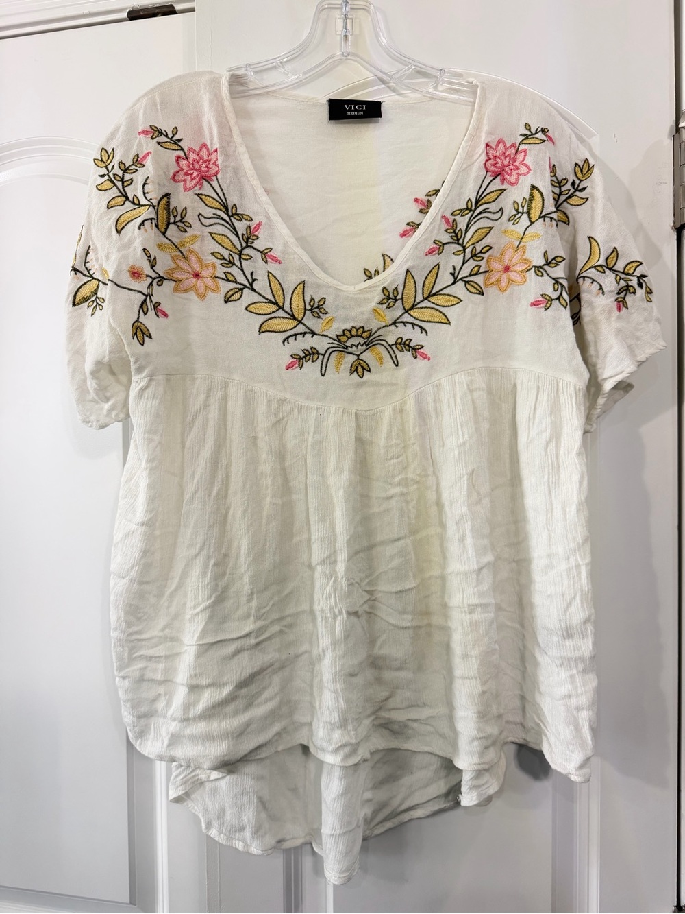 VICI White V-Neck Embroidered Boho Top with Pink & Yellow Floral
